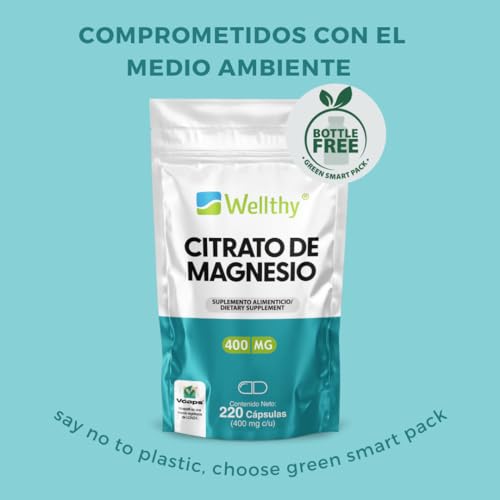 Wellthy Citrato de Magnesio Premium 220 Cápsulas 400mg. 100% Natural, Cápsulas Veganas, Bottle Free, Mas de 2 meses de porciones en 1 Solo Frasco.