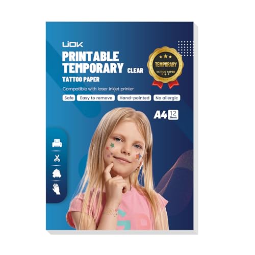 UIOK Temporary Tattoo Paper, Tattoo Transfer Paper Transparent A4X12 Sheets Temporary Tattoo Transfer Paper, DIY Tattoo Transfer Paper for Printer and Hand Drawing