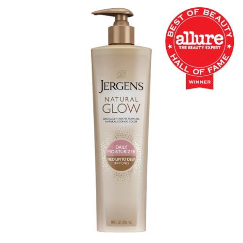 JERGENS NATURAL GLOW SELF TANNER BODY LOTION, SUNLESS TANNING, MEDIUM TO DEEP SKIN TONE, DAILY MOISTURIZER WITH COCONUT OIL, VITAMIN E AND ANTIOXIDANTS 10 OZ