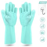 Hinion Silicone Kitchen Dishwashing Gloves,Magic Saksak Upgrade Silicone Gloves With Wash Scrubber Heat Resistant Cleaning Gloves for Kitchen,Bathroom,Household,Pet Hair Care,Car Washing Gloves (Blue)