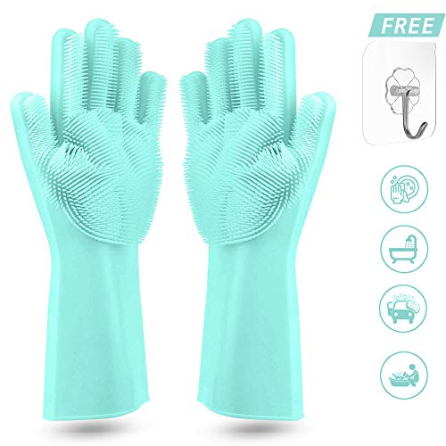 Hinion Silicone Kitchen Dishwashing Gloves,Magic Saksak Upgrade Silicone Gloves With Wash Scrubber Heat Resistant Cleaning Gloves for Kitchen,Bathroom,Household,Pet Hair Care,Car Washing Gloves (Blue)