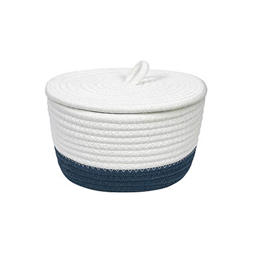 HiChen 7.9" x 6.3" x 4.3" Small Cotton Rope Basket with Lid, Home Décor Round Woven Desk Storage Box Organizer for Snacks, Keys, Jewelry, Cosmetics,Remote Control