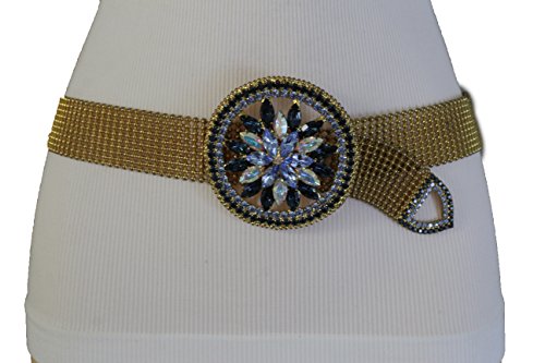 TFJ Women Fashion Belt Hip Waist Rusty Gold Metal Waistband Blue Flower Bead Buckle S M