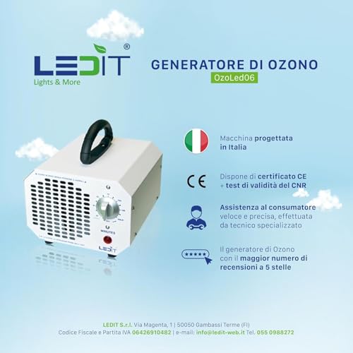 New Ledit Ozone Generator 10000mgh – CE Certified + CNR Certificate – Ozonizer Designed in Italy with Timer 120 Min Professional and Commercial Use, Instruction Manual in Italian Included