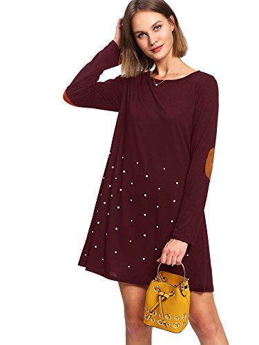 Milumia Women's Pearl Beading Elbow Patch Tee Dress Medium Burgundy