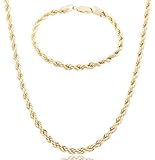 Goldtone 6mm 24 Inch D-Cut Rope Chain Necklace with a Matching Bracelet Jewelry Set - All Bracelet Sizes Available