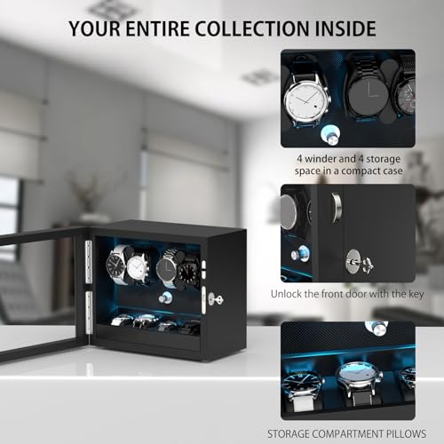 DUKWIN Watch Winder for 4/6/8/12 Automatic Watches, Lockable Automatic Winders with Extra 4/6 Watch Storages, 4 Rotation Modes, Quiet Mabuchi Motor, Sfot Watch Pillows and Blue Backlight