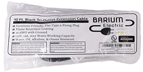 image for Barium Electric 10 Ft Extension Cord Angled Plug Black 10 Foot | 3 Out