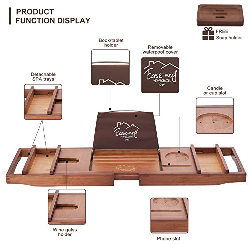 EASEWAY Bamboo Bathtub Caddy Tray, Wooden Bath Tray for Tub with Book