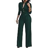 LalaLin Sexy 3/4 Sleeve Jumpsuit for Women V Neck High Waisted Long Wide Leg Pant Button Down Party Romper with Belt