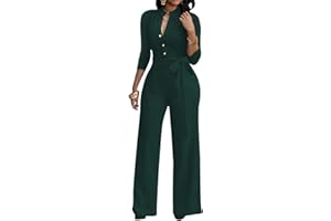 LALALIN Sexy 3/4 Sleeve Jumpsuit for Women V Neck High Waisted Long Wide Leg Pant Button Down Party Romper with Belt