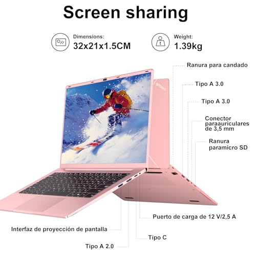 Laptop 14 Inch Celeron N5095 Upto 2.9 GHz Laptop 8GB RAM 256GB SSD TF 1TB LPDDR4 Win11 5G WiFi 1920*1080 FHD Mini HDMl Laptop Protective Film Spanish – Red Metallic Body-72