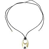 DIAMANTIO Boho Statement Gold Pendant Necklace – Minimalist Polished Oval Charm on Adjustable Black Cord, Lightweight Long Necklace for Women