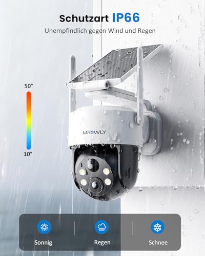 Mrowly 2K Outdoor Solar Surveillance Camera, 360° PTZ WiFi Camera Outdoor Wireless with Removable Solar Panel, 2.4 GHZ, PIR Motion Detection, Colour Night Vision, 2-Way Audio, IP66, for Garden, Yard