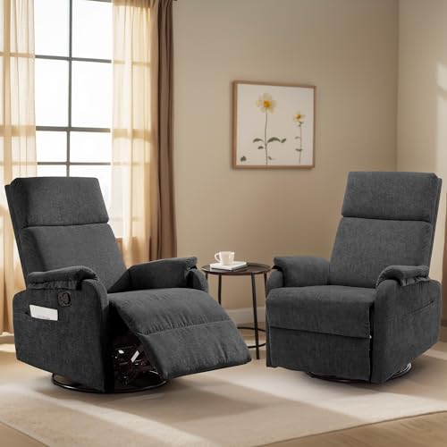 Korser Recliner Chair, Swivel Rocking Recliner Chair for Adults, Glider Rocking Chair, Small Nursery Chair Recliner for Living Room, Reclining Chair with Modern-Designed Armrests, Chenille, Black