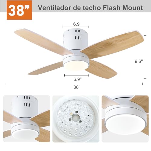 Ohniyou Ventilador de Techo con Luces, 38'' Ventiladores de Techo Pequeños de Montaje Empotrado, Control Remoto y APP, Luz Regulable, 6 Velocidades, Reversible, para Patio Cocina Dormitorio(Blanco)