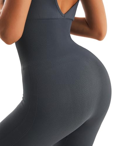 RUNNNG GIRL JUMPSUITS FOR WOMEN WORKOUT TUMMY CONTROL JUMPSUIT ONE PIECE WORKOUT OUTFITS RIBBED UNITARD BODYSUIT(CK2943 GREY S)