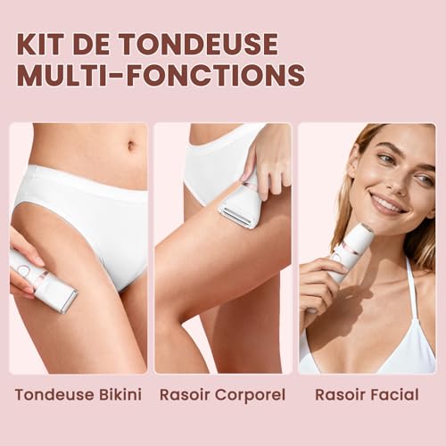 Rasoir Electrique Femme 3-en-1, MAXGROOM Tondeuse Intime Femme Humide/Sec, Rasoir Électrique avec Affichage LED & Lame Céramique, Tondeuse Bikini pour Visage Aisselles Jambes Corps, 90 min d'autonomie