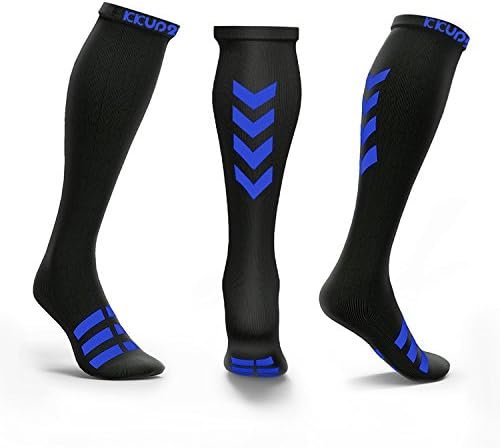 Compression Socks Women &amp; Men Knee High Graduated Gradient 20-30mmHg for Athletic, Nurses, Running, Flight, Edema, Diabetic, Varicose Veins by KKUP2U, Arrow Pattern Blue/Black XL