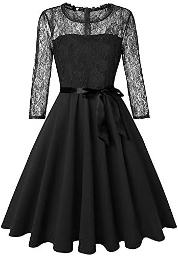 LEORAY Women's Vintage Floral Lace Cocktail Elegant A line Party Swing Dress 3/4 Sleeve