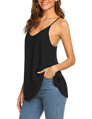 SUNAELIA Women Sleeveless Strap Tank Top Camisole Chiffon Summer V Neck Casual Solid Loose Blouse Shirts Black - Thumbnail 4