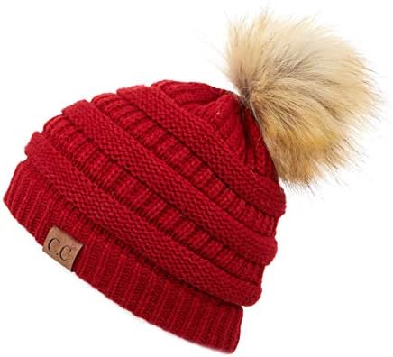 ZOORON Womens Winter Knitted Beanie Hat with Faux Fur Pom 