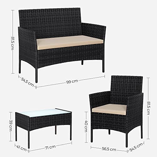 SONGMICS GGF004BZ03 4 Seater PE Resin Woven Outdoor Patio Balcony Garden Furniture Set with 1 Table, 2 Garden Chairs and 1 Outdoor Bench 2 Seater
