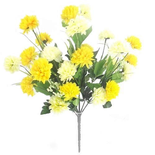 Gorgeous Artificial Silk Yellow & Cream Mini Chrysanthemum / Mum bush with Leaves ca 35 flower heads - grave home spring flowers