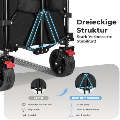 XXL Bollerwagen Faltbar 220L 200KG, Faltbarer Bollerwagen mit Bremsen, Getränkehalter Verstellbarem Griff Klappbollerwagen mit All Terrain Rädern Für Camping Outdoor Garten Shopping
