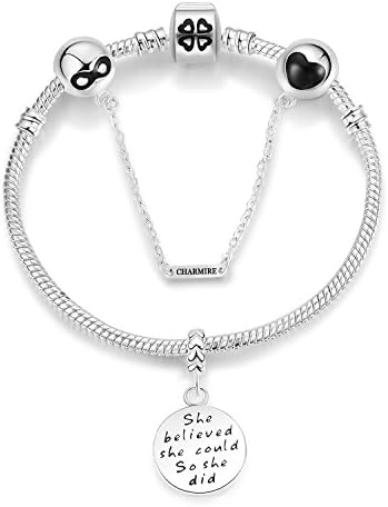 Women Snake Charms Chain Bracelets Barrel Clasp Bead Engraved "She believed she could so she did" Inspirational Jewelry Girls Gifts