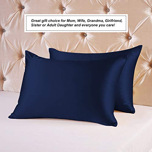 100% Pure Mulberry Slip Silk Pillowcase Standard Size 21 Momme 600 Thread Count for Hair and Skin With Hidden Zipper, Hypoallergenic Soft Breathable Both Sides Silk Pillow Case, 20×26inches, Navy Blue