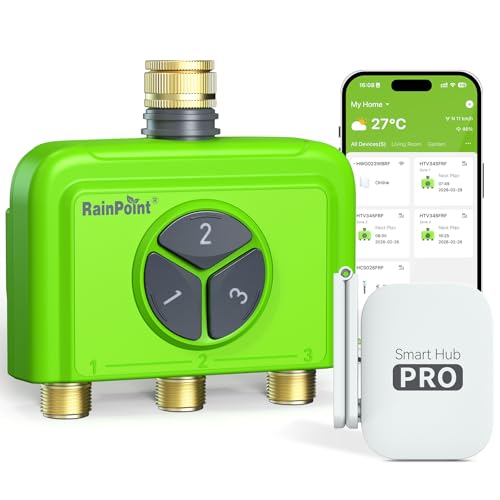 RAINPOINT 3 Zone WiFi Watering Timer with Hub, Connected Watering Timer, Brass Input, App and Voice Control, Automatic Rain Delay for Garden and Lawn