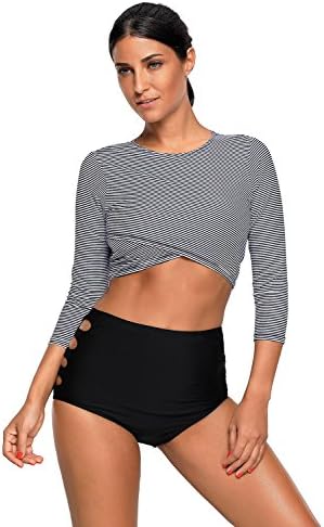 AOKK Women's Sexy Long Sleeve Striped Crop Top High Waist Bottom Tankini Swimsuit Rashguard Swimwear