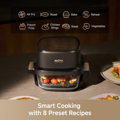 Mova AF20 Pro Portable Air Fryer, 6.5L Compact Size with 2 Removable Glass Containers Airfryer 8 Presets Cooking Option Fryer, LED Touch Screen Air-Fryer with Rapid Air Technology, 1700W Ultra-Quiet