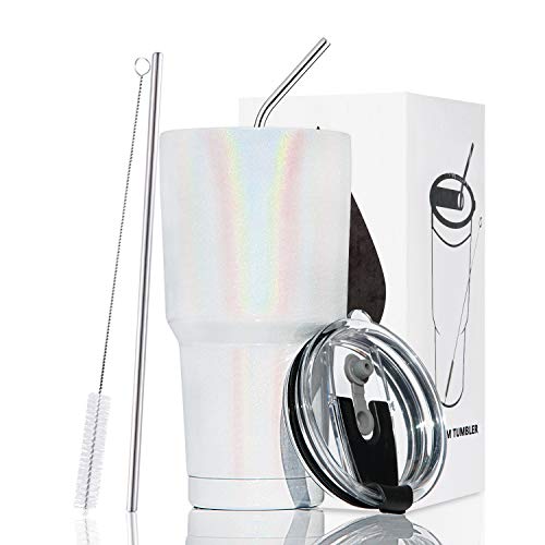 Toopify 30oz Stainless Steel Insulated Sparkle White Tumbler Travel Mug with Straw Slider Lid, Cleaning Brush, Double Wall Vacuum - Thumbnail 7