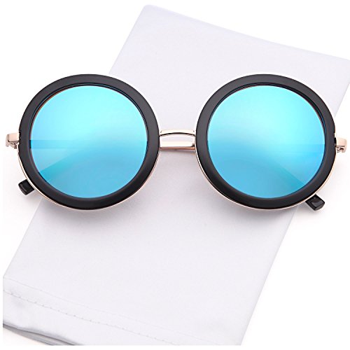SUN LOUNGER UV400 Vintage Retro Round Style Sunglasses for Women Mirror Lens and Metal Frame with Spring Hinge – Mirror Blue Lens on Gold & Black Frame