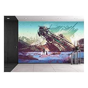 Illustration - Spaceship Crashed on Blue Field,Illustration Painting - Removable Wall Mural | Self-Adhesive Large Wallpaper - 66x96 inches
