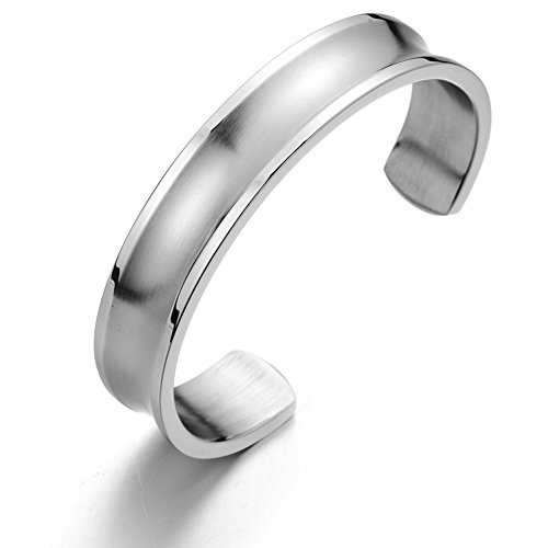 COOLSTEELANDBEYOND Exquisite Mens Silver Cuff Bracelet Stainless Steel Bangle Bracelet Grooved Polished and Satin