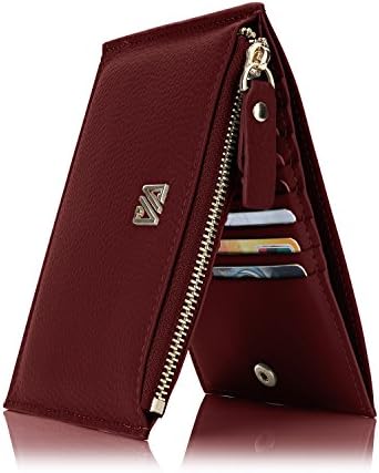 Qyoubi Women's Genuine Leather RFID Blocking Zip Wallet Credit Card Organizer Clutch Purse (Wine Red)