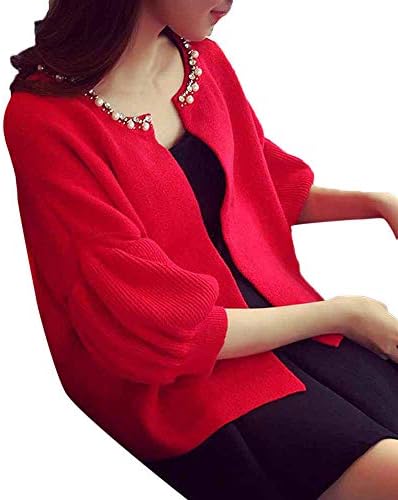 Leoy88 Women's Beaded Word Collar Sweater Lantern Sleeve Knit Cardigan Casual Jacket