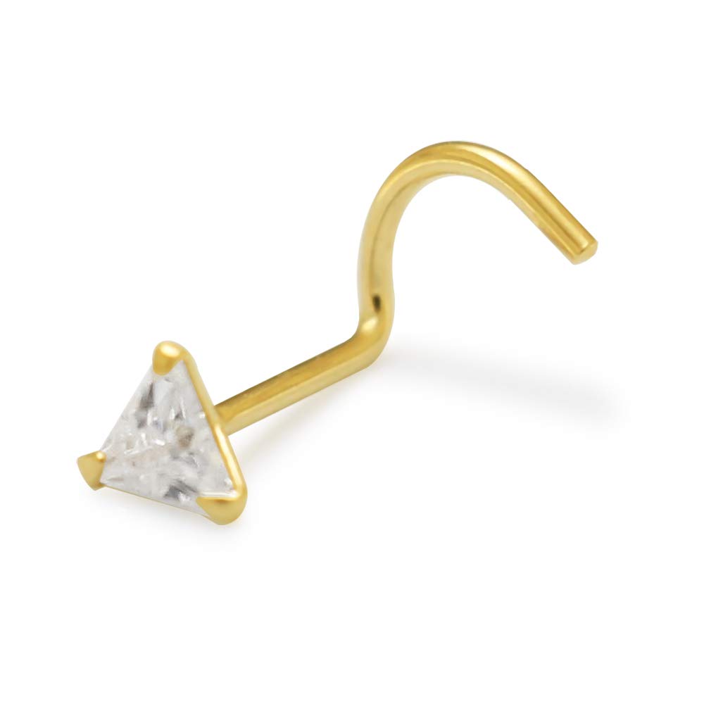 AZARIO LONDON 14K Solid Yellow Gold Claw Set 3MM Triangle CZ Stone Top 20 Gauge Nostril Nose Screw Piercing Jewellery