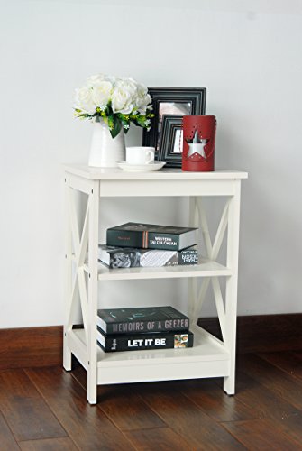 White Finish Wooden Chair Side End Table With 3 Tier Shelf End Tables