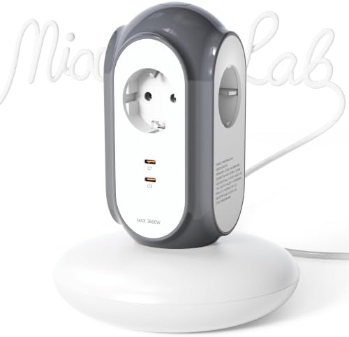 Steckdosenleiste mit 3 Steckdosen & 2 USB-C (30W Schnellladung), 3680W/16A, 1420J Überspannungsschutz, 479g Standfuß, 2 m Verlängerungskabel, Überlastschutz, kompatibel mit Typ C/E/F