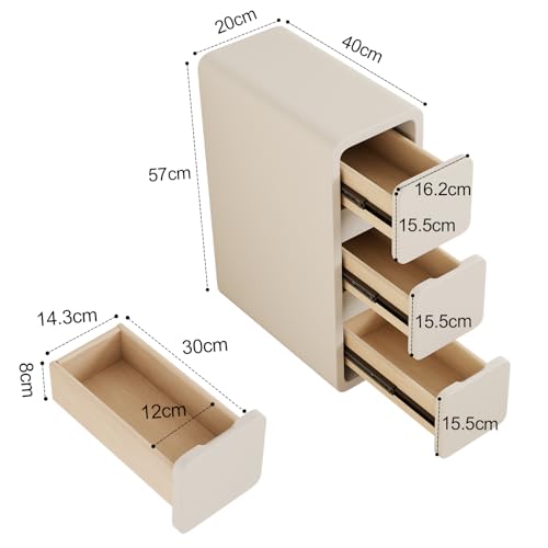 AQIMUELE Narrow Bedside Table with 3 Drawers, No Installation, Leather Surface, Bedside Table for Bedroom Living Room, Width 20cm (White)