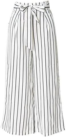 HuXang Cloth New Women Wide Leg High Waist Casual Crop Pants Striped Loose Trousers Bandage(White,L)