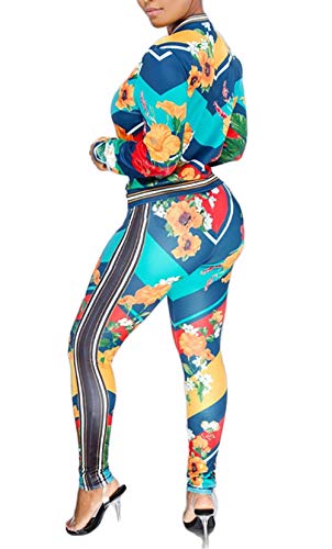 Women's Floral Print 2 Piece Set Open Front Zipper Jacket and Skinny Long Pants Plus Size Tracksuit