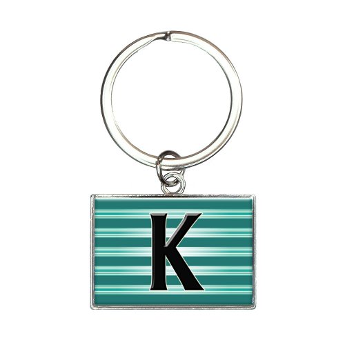 Letter K Initial Black Teal Stripes Rectangle Keychain Key Ring
