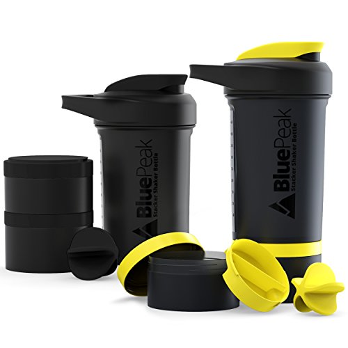 BluePeak Stacker Protein Shaker Bottle 22-Ounce, 2-Pack ProStak. Attachable Storage Containers (100 & 150cc) and Pill Tray Included. BPA Free (Black &Yellow)