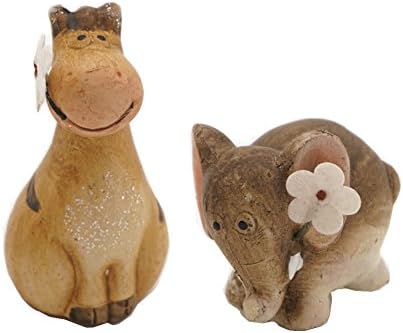Zakka Adorable Ceramic Animals Statues with Little Flower, Miniature Garden Decor, Handmade Cute Addition To Garden, Succulents Terrarium or Dollhouse by Avant Boutique (Giraffe x Elephant)
