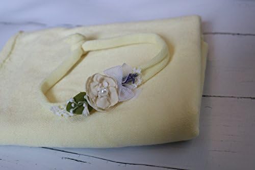 Yellow newborn wrap and tieback headband photography prop set, stretchy knit swaddle, baby girl flower crown